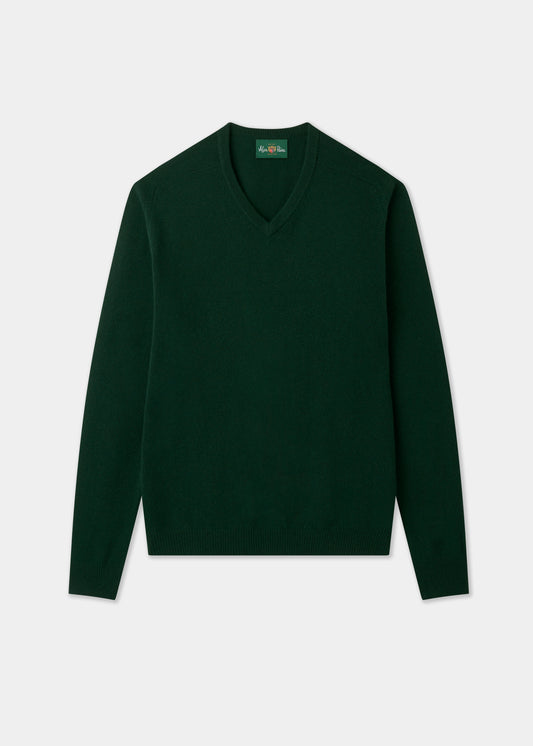 Men's Lambswool Vee Neck Jumper in Tartan Green