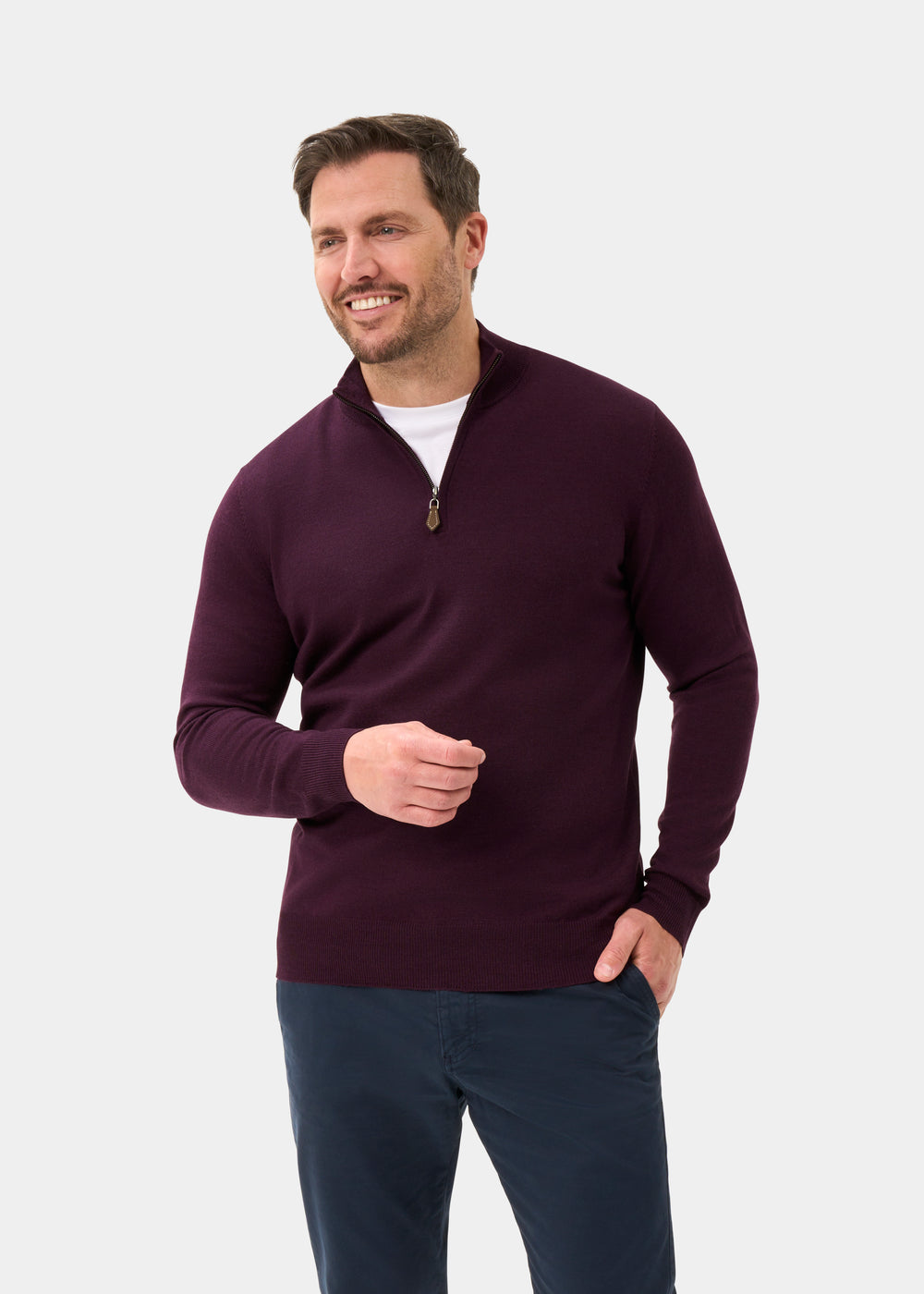 Men's Merino Wool Quarter Zip Neck Jumper in Black Grape