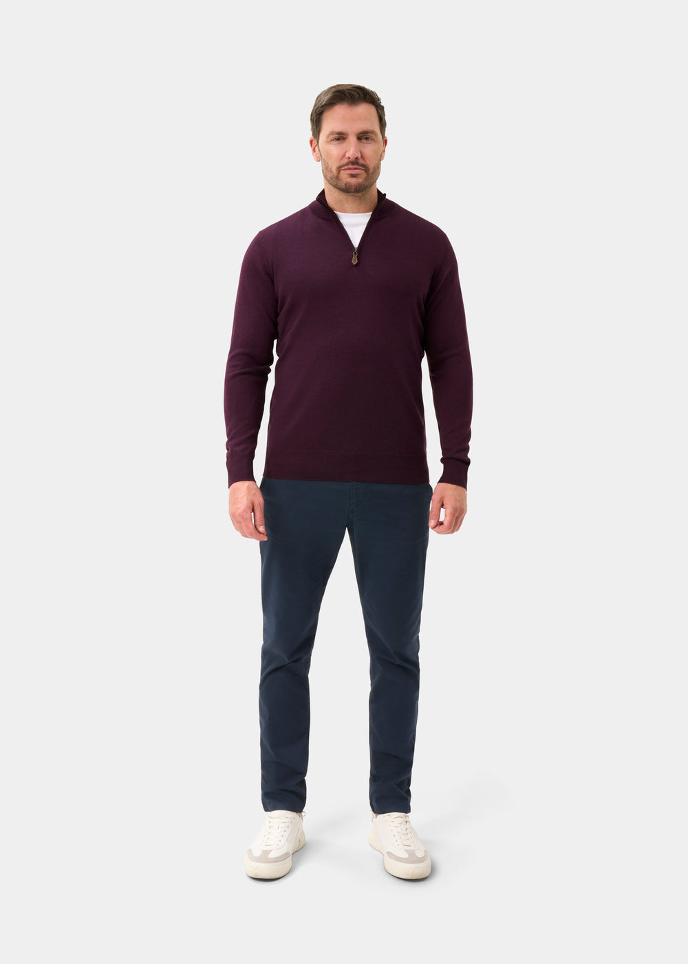 Men's Merino Wool Quarter Zip Neck Jumper in Black Grape