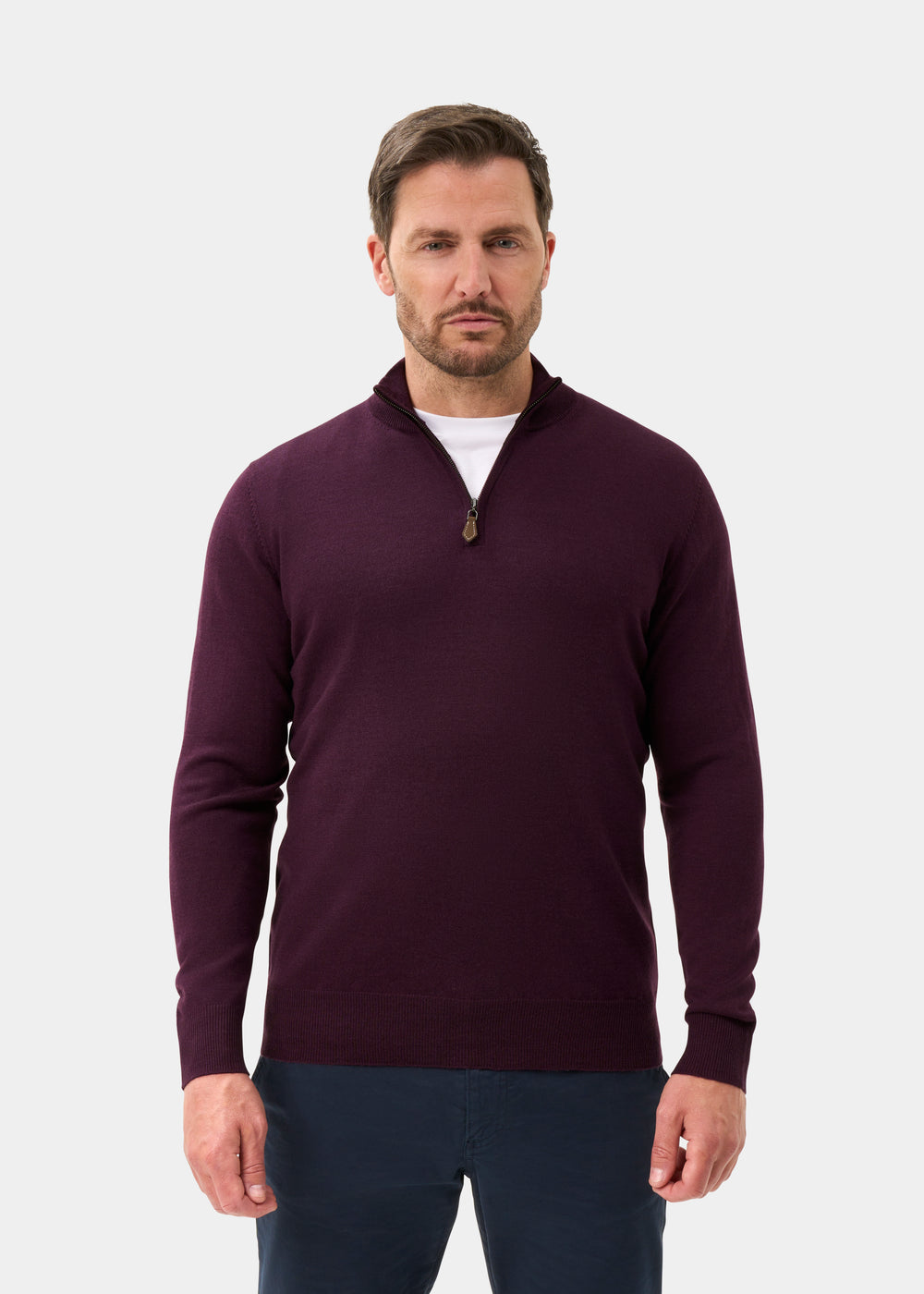 Men's Merino Wool Quarter Zip Neck Jumper in Black Grape