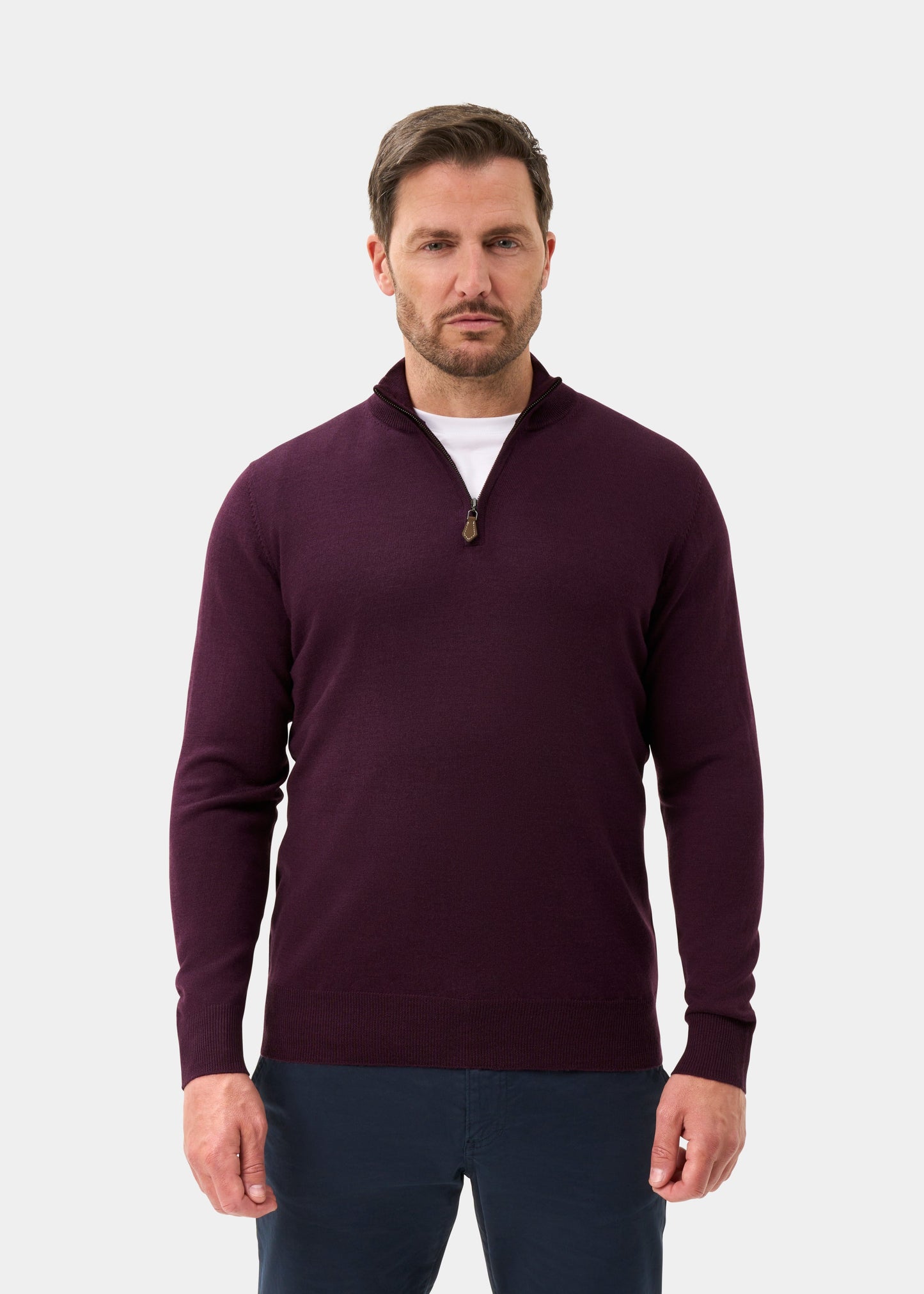 Men's Merino Wool Quarter Zip Neck Jumper in Black Grape