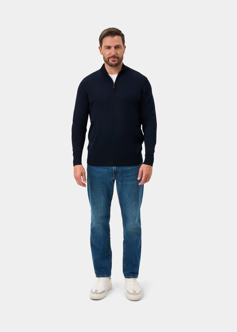 Barton Merino Wool Quarter Zip Jumper In Dark Navy - Regular Fit