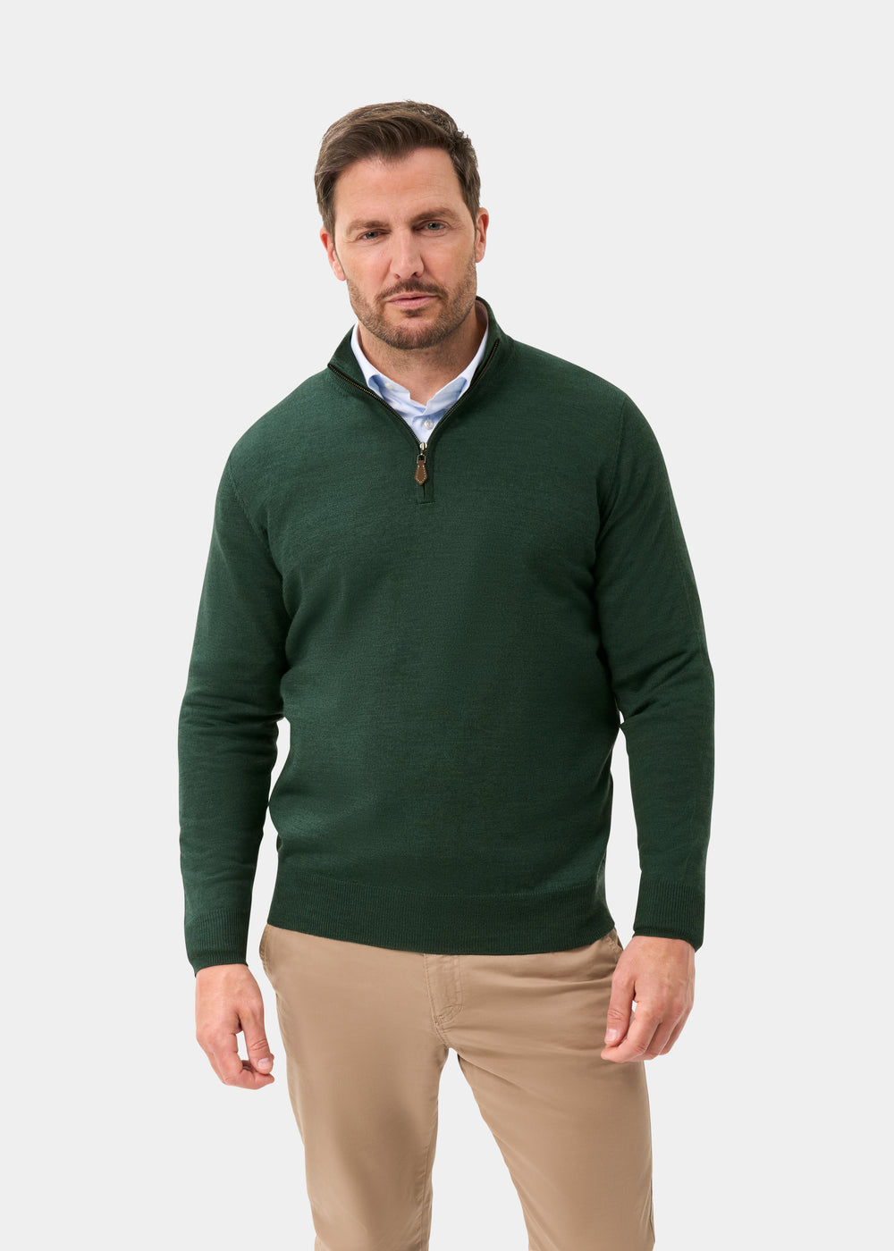 Men's Merino Wool Quarter Zip Neck Jumper in Hunter Green