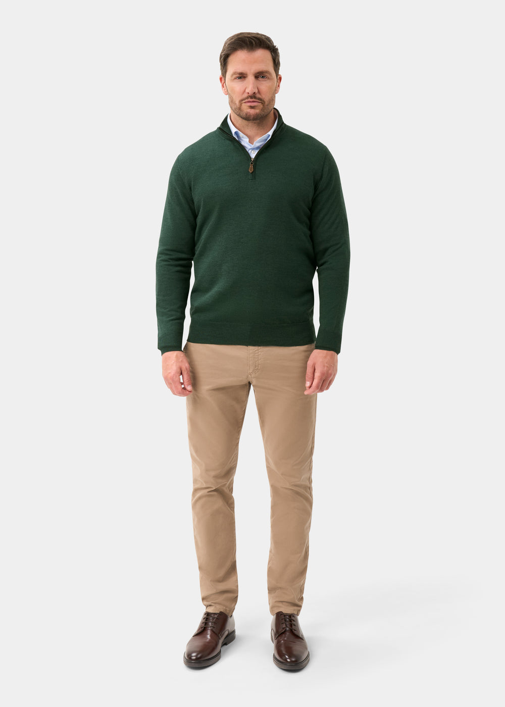 Men's Merino Wool Quarter Zip Neck Jumper in Hunter Green