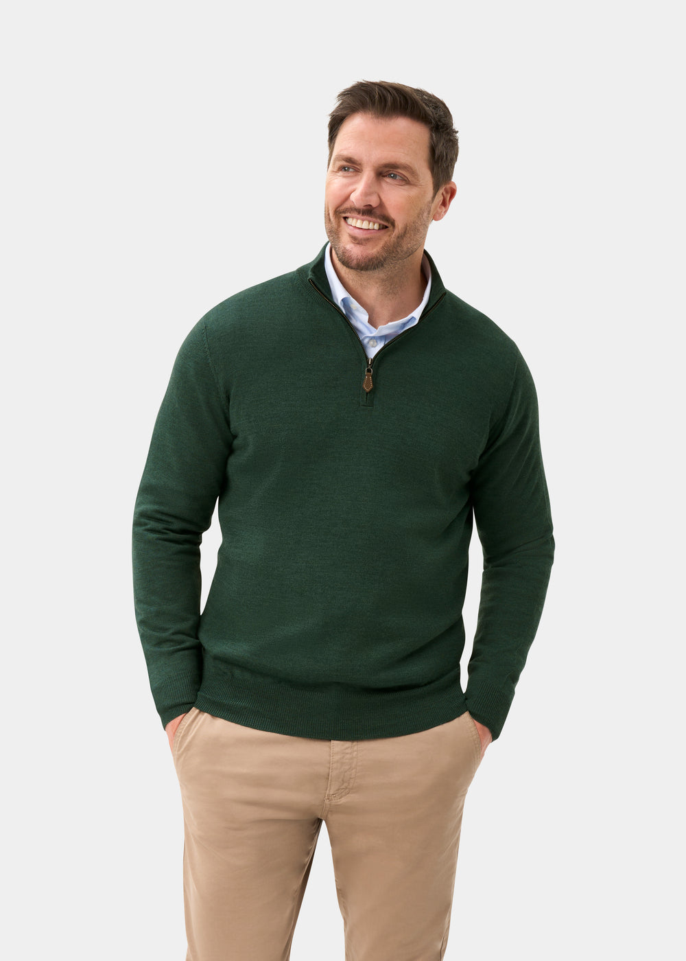 Men's Merino Wool Quarter Zip Neck Jumper in Hunter Green