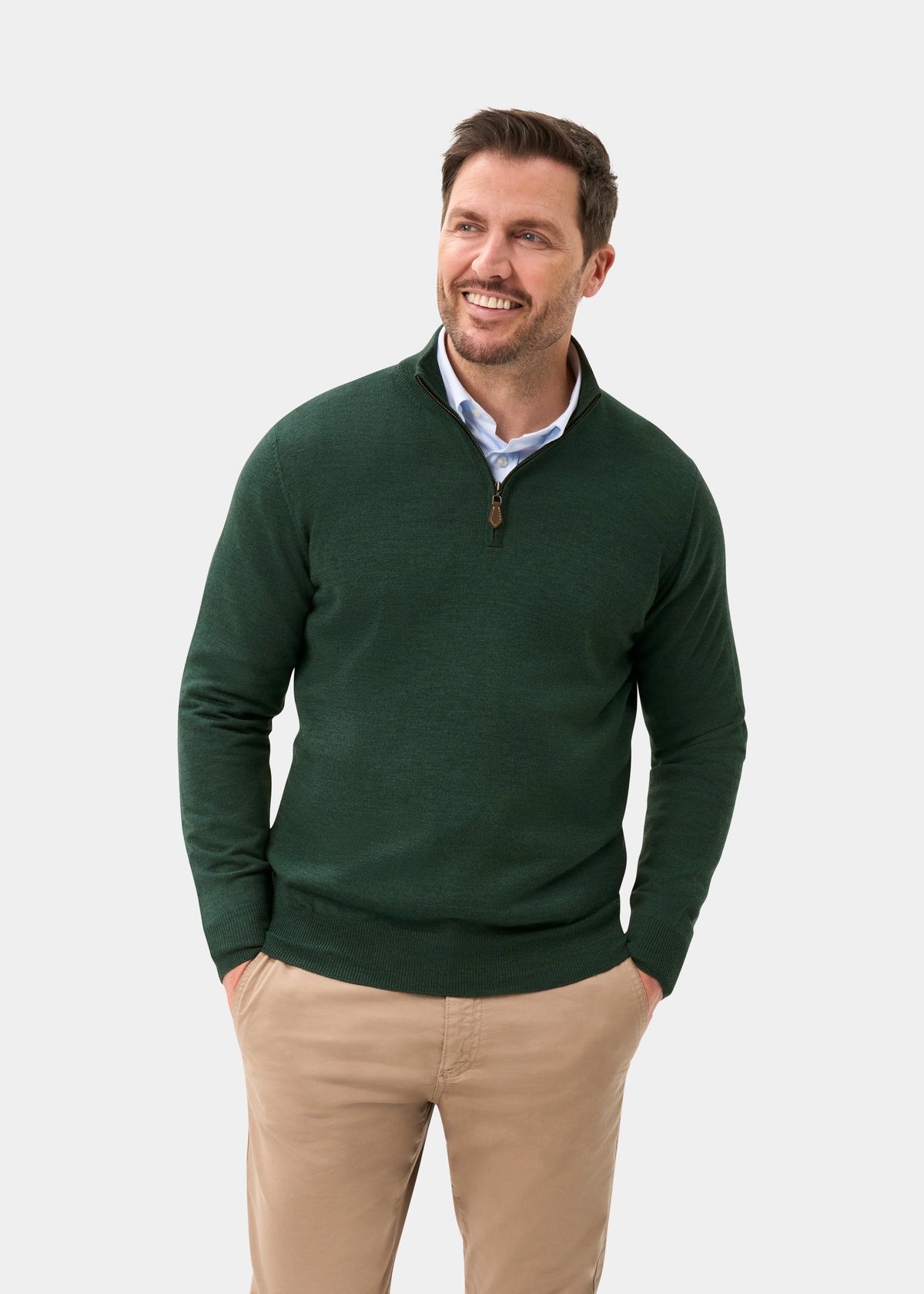 Men's Merino Wool Quarter Zip Neck Jumper in Hunter Green