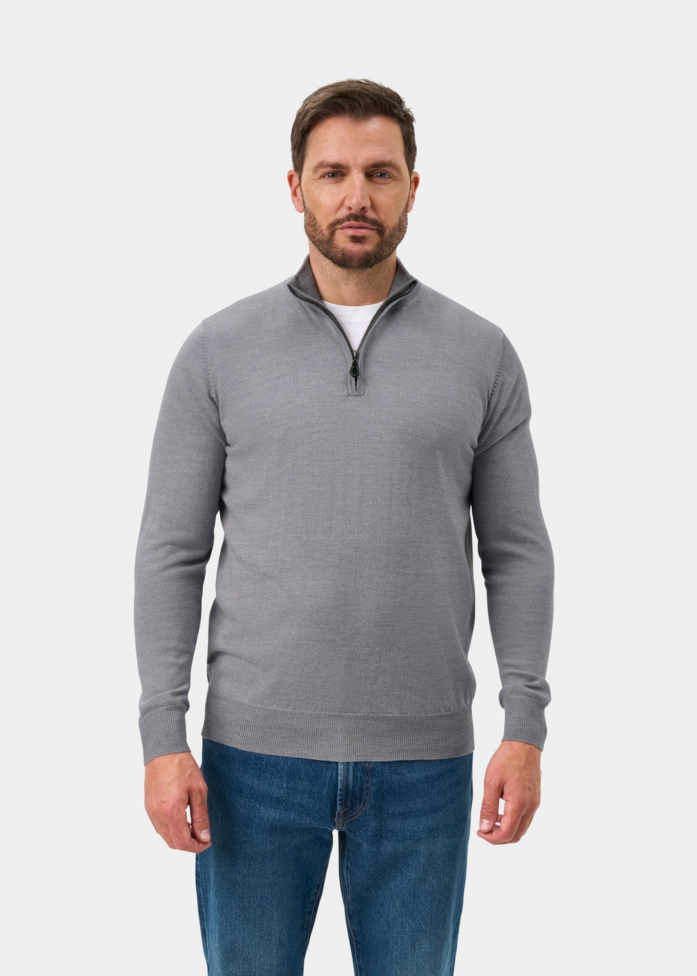 Barton Merino Wool 1/4 Zip Mock Jumper in Light Grey Mix - Regular Fit