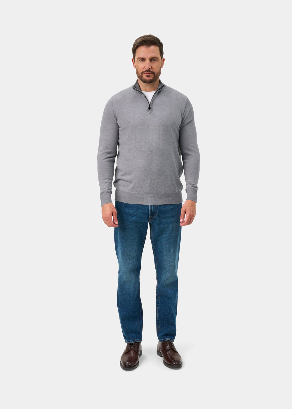 Barton Merino Wool 1/4 Zip Mock Jumper in Light Grey Mix - Regular Fit