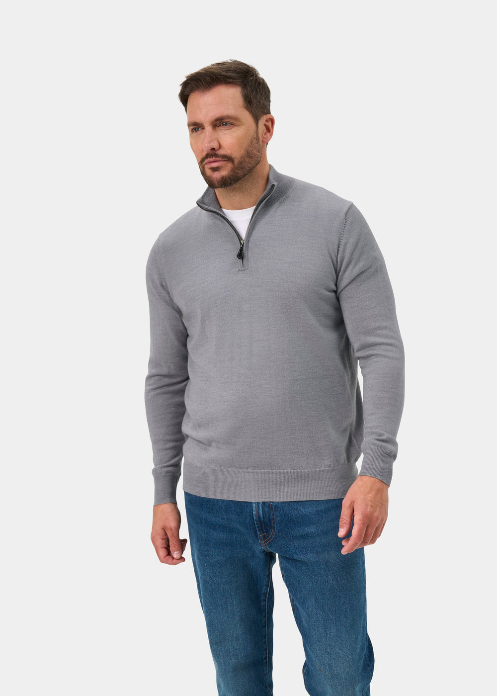 Barton Merino Wool 1/4 Zip Mock Jumper in Light Grey Mix - Regular Fit
