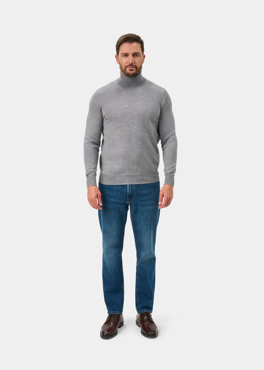 Linton Merino Wool Roll Neck Jumper in Light Grey Mix - Regular Fit