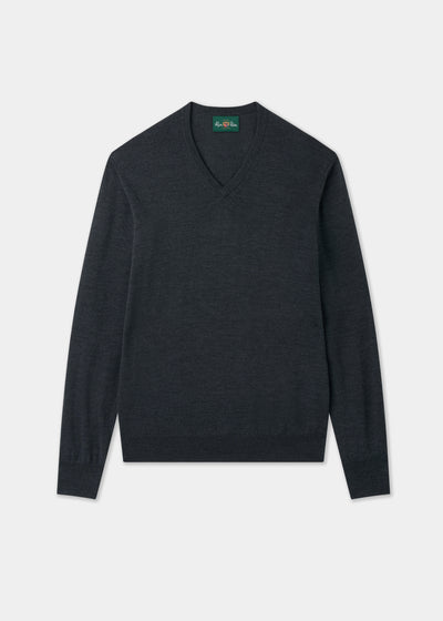 Men's Merino Wool Vee Neck Jumper in Charcoal