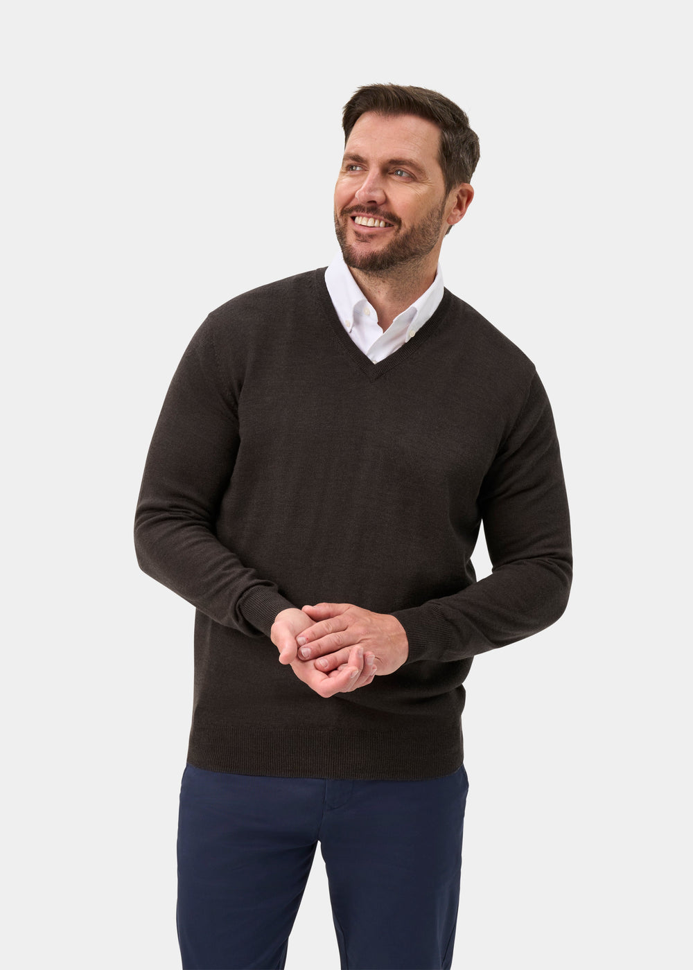 Millbreck Merino Wool V-Neck Jumper In Dark Brown - Regular Fit