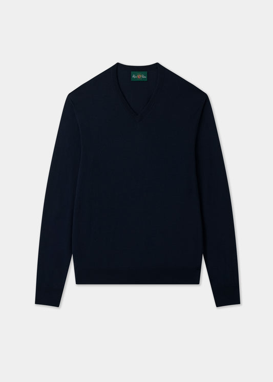 Men's Merino Wool Vee Neck Jumper in Dark Navy