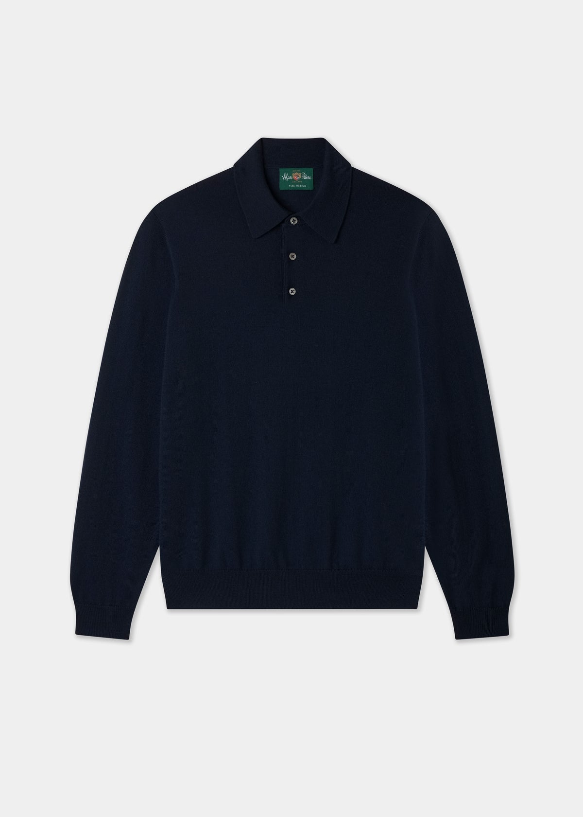 Hindhead Men’s Merino Wool Polo Shirt in Dark Navy, regular fit, long sleeves, 3-button placket, laid flat.