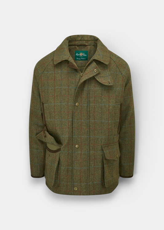 Surrey Men’s Tweed Waterproof Coat in Hawkswood, shooting fit, with collar, buttons, flap pockets, and brown trim.