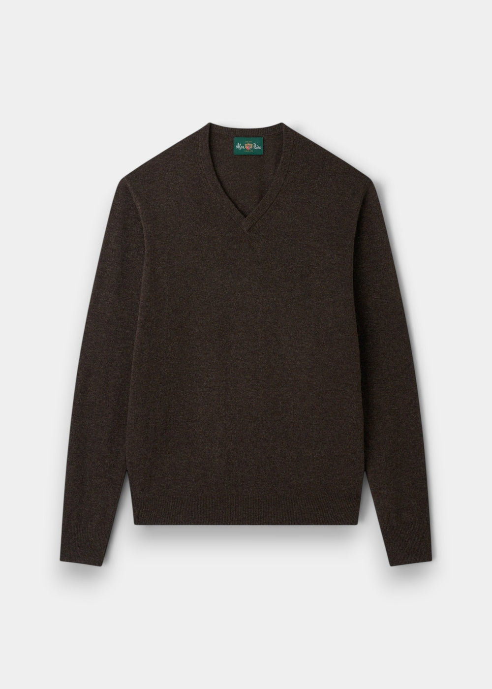 Alan Paine Albury regular fit v-neck jumper in cocoa brown Geelong lambswool with ribbed hem and cuffs
