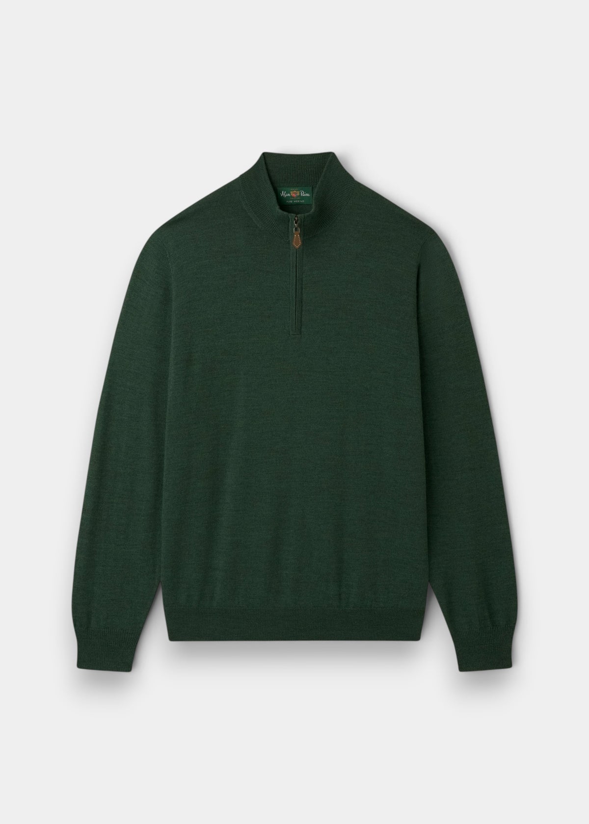 Alan Paine Barton hunter green 1/4 zip jumper in fine Italian merino wool with a ribbed hem and cuffs.