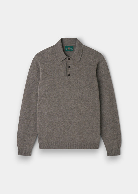 Bilsdean Men’s Lambswool Long Sleeve Polo in Vole, regular fit, with collar and three buttons, shown flat on white.