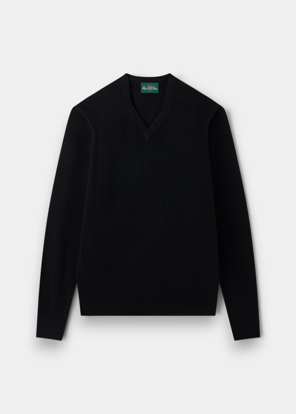 Hampshire Lambswool V-Neck Jumper in black, classic fit, long sleeves, shown flat on a light gray background.