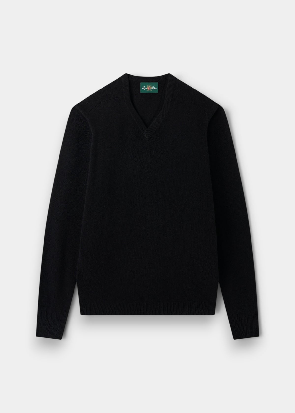 Hampshire Lambswool V-Neck Jumper in black, classic fit, long sleeves, shown flat on a light gray background.