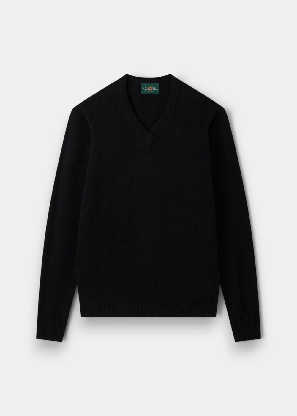 Kilsyth Lambswool V-Neck Jumper in Black, regular fit, with long sleeves, shown flat on a white background.