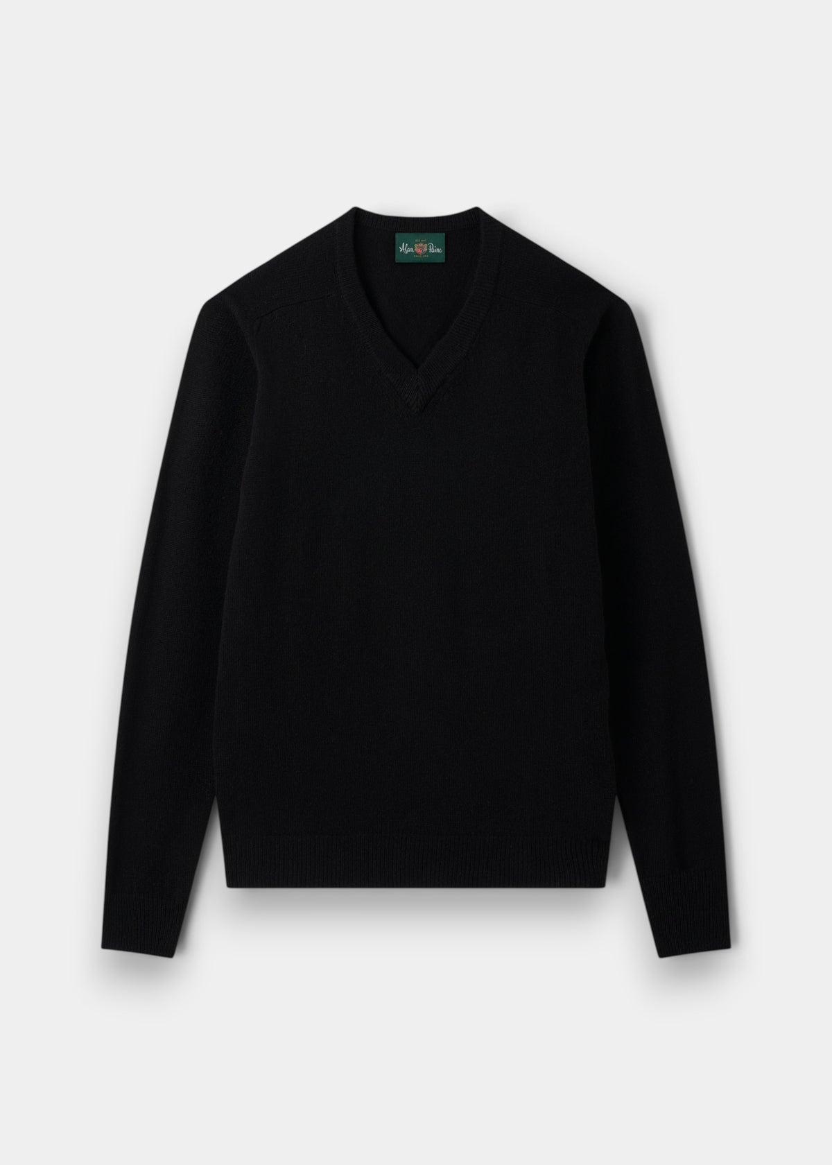 Kilsyth Lambswool V-Neck Jumper in Black, regular fit, with long sleeves, shown flat on a white background.