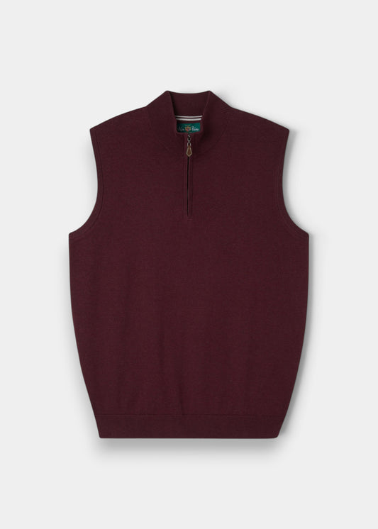 Alan Paine Rowley men's quarter-zip gilet in blackcurrant cotton-cashmere blend with a ribbed collar and hem.
