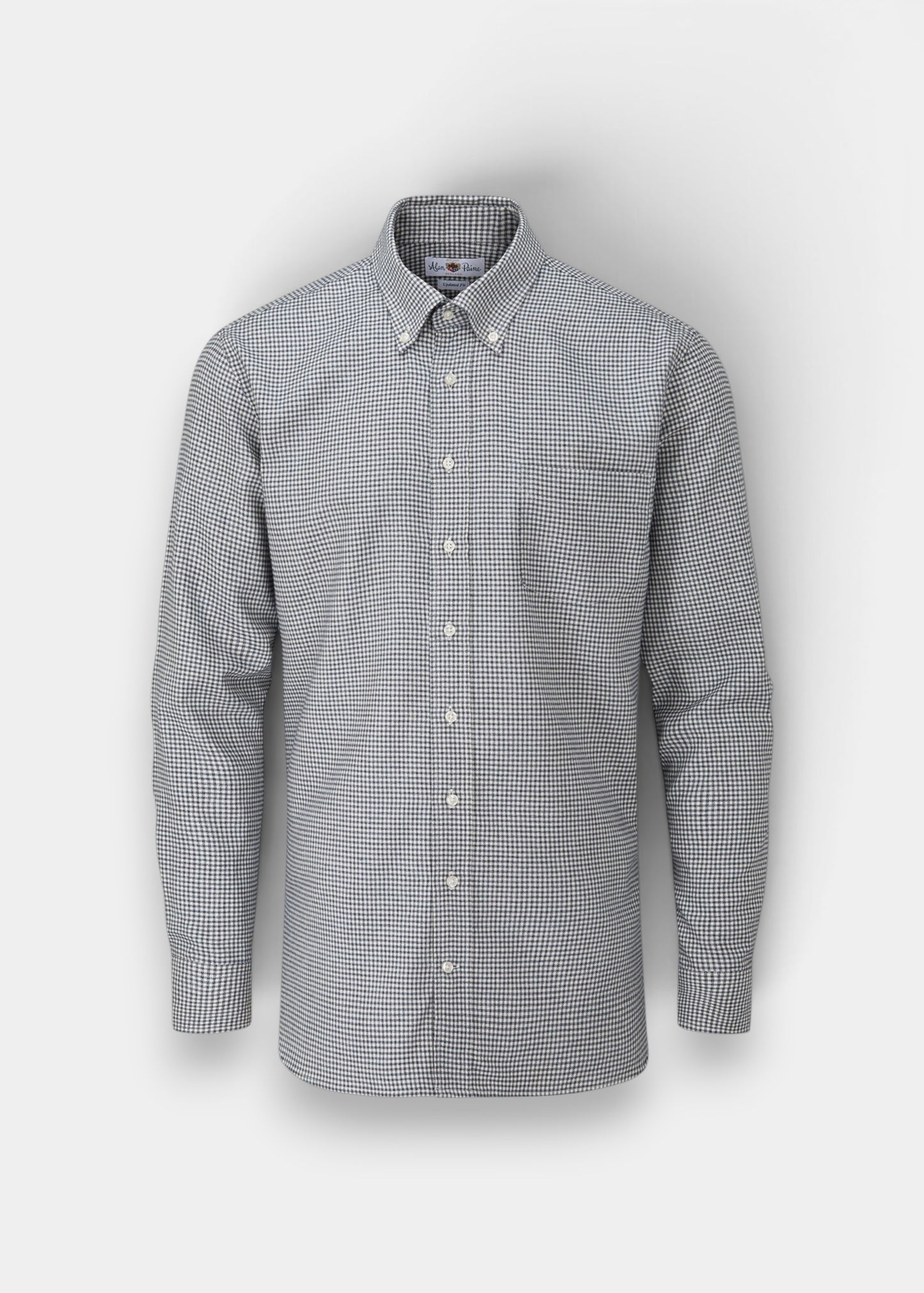 Alan Paine men's regular fit button-down shirt in blue and brown small check cotton fabric with a chest pocket.