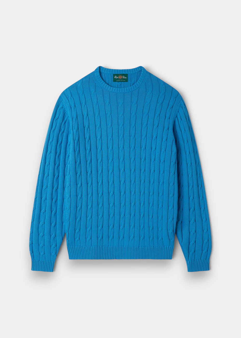 Honley Cotton Cashmere Cable Crew Neck Jumper in Blue Lagoon, regular fit, ribbed cuffs and hem on white background.