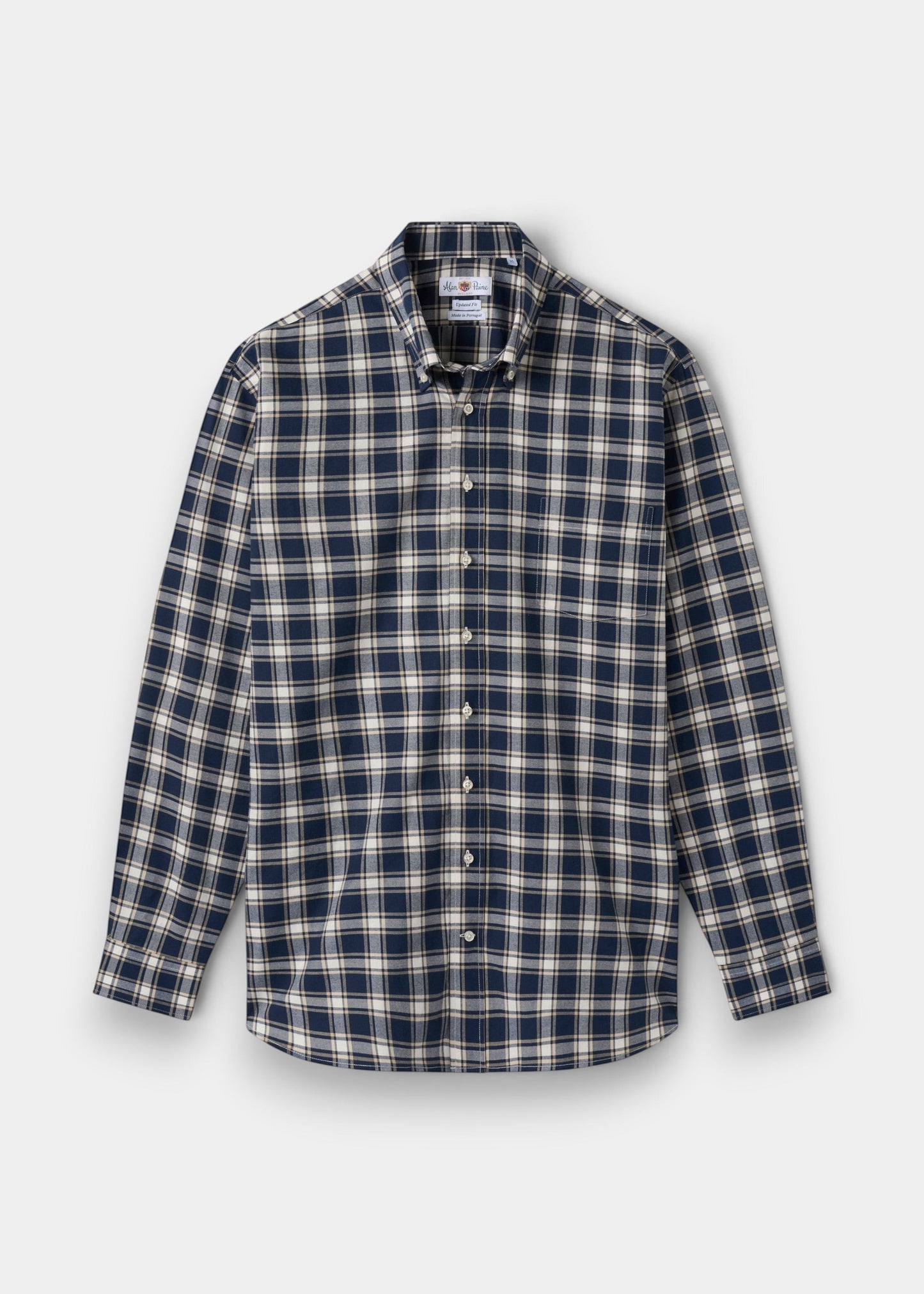 Alan Paine men's regular fit button-down shirt in a blue and cream check pattern made from breathable cotton.