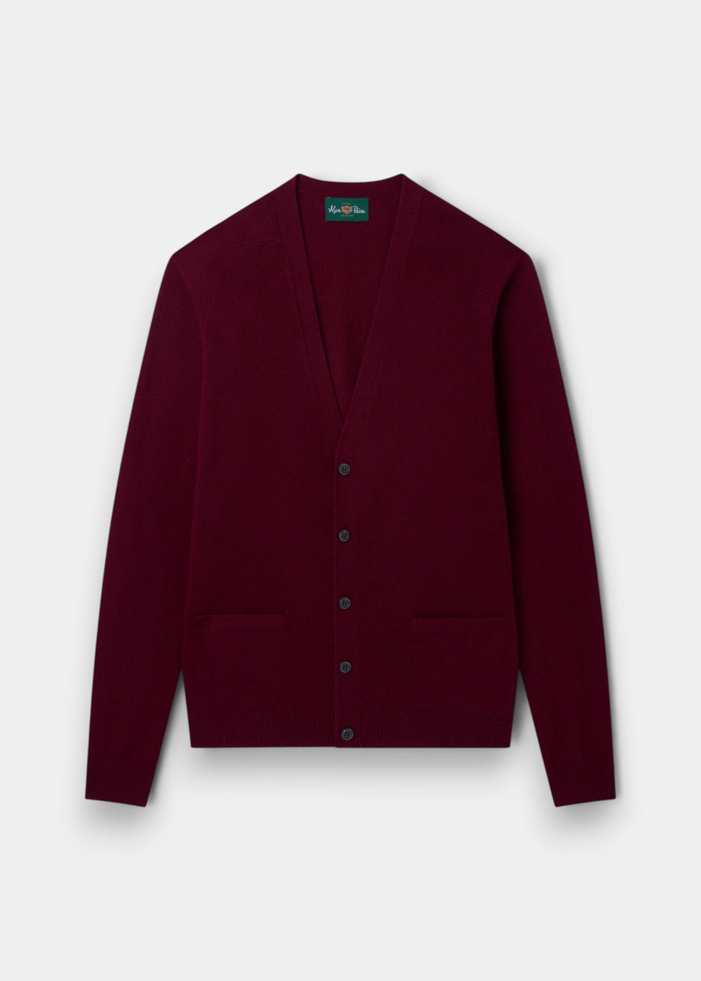 Cornwall Lambswool V-Neck Cardigan in Bordeaux, classic fit, with two pockets, shown flat on a white background.