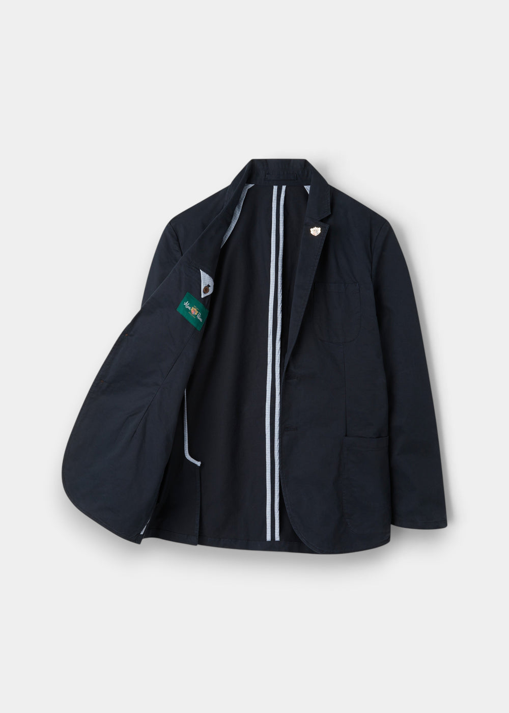 Alan Paine Bridgeford navy cotton summer blazer with striped interior lining and lapel pin detail