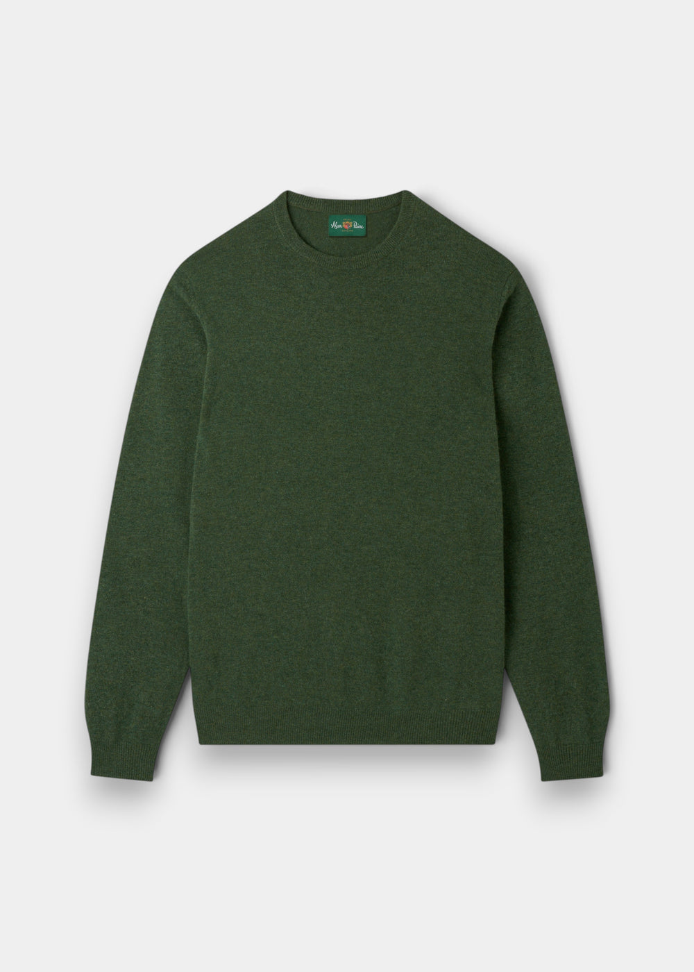 Brisbane Geelong Wool Crew Neck Jumper in Rosemary, regular fit, soft lambswool, long sleeves, shown flat on white.