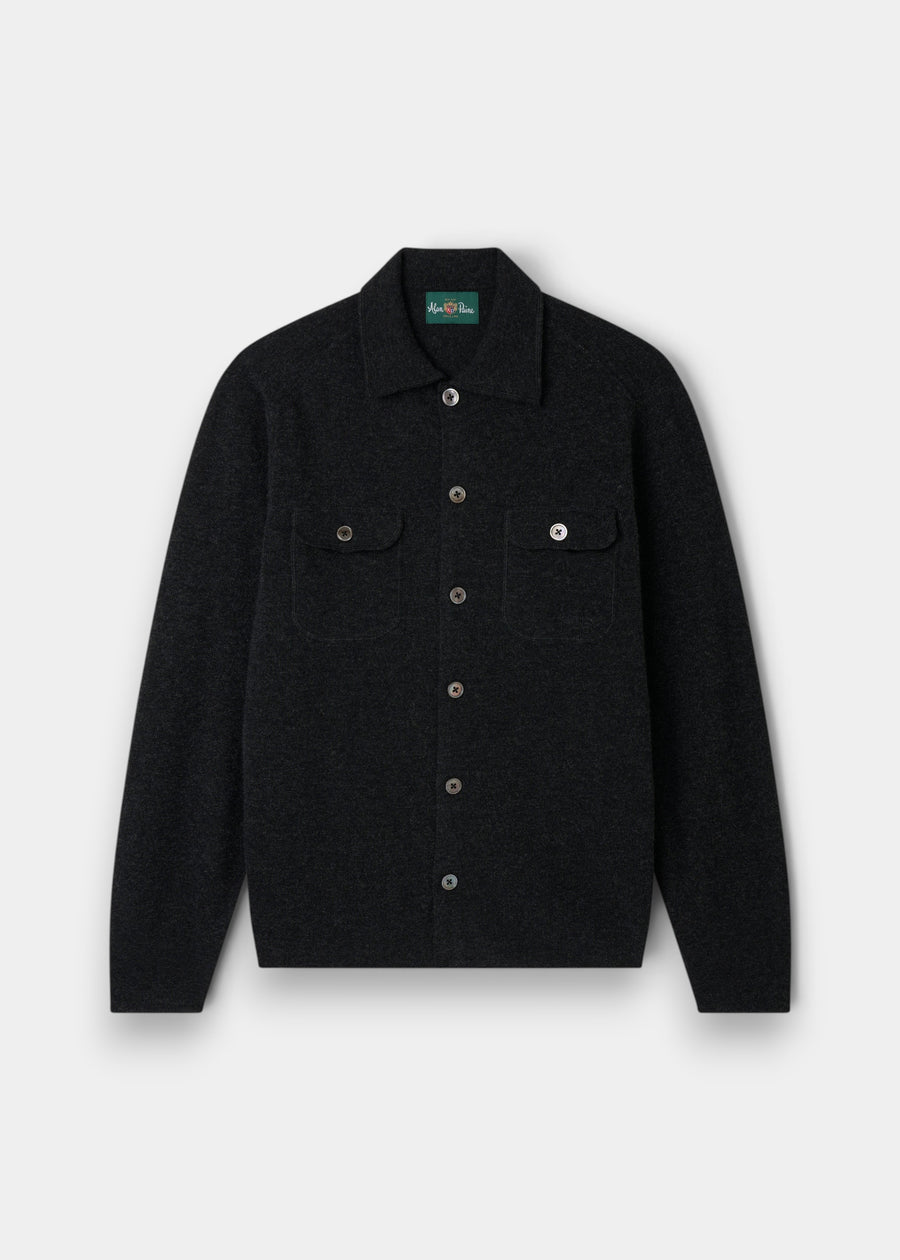 Alan Paine charcoal grey Geelong wool knitted shirt with button-through front and dual chest pockets.