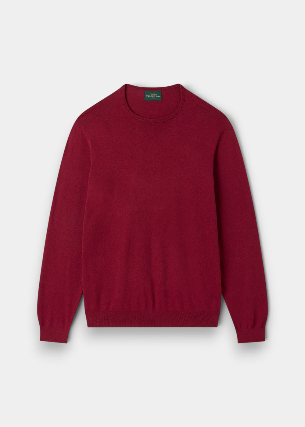 Alan Paine men's luxury claret crew neck jumper in a soft pima cotton, silk, and cashmere blend with ribbed trim.