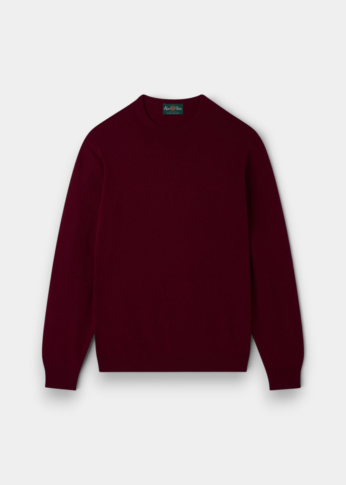 A claret Brisbane Geelong Wool Crew Neck Jumper is laid flat against a light gray background.