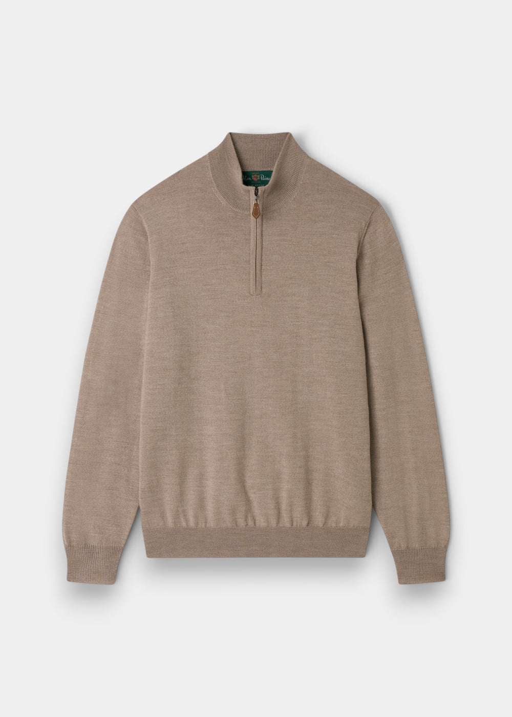 Barton Merino Wool Quarter Zip Jumper in Cobble, regular fit, ribbed cuffs and hem, laid flat on white background.