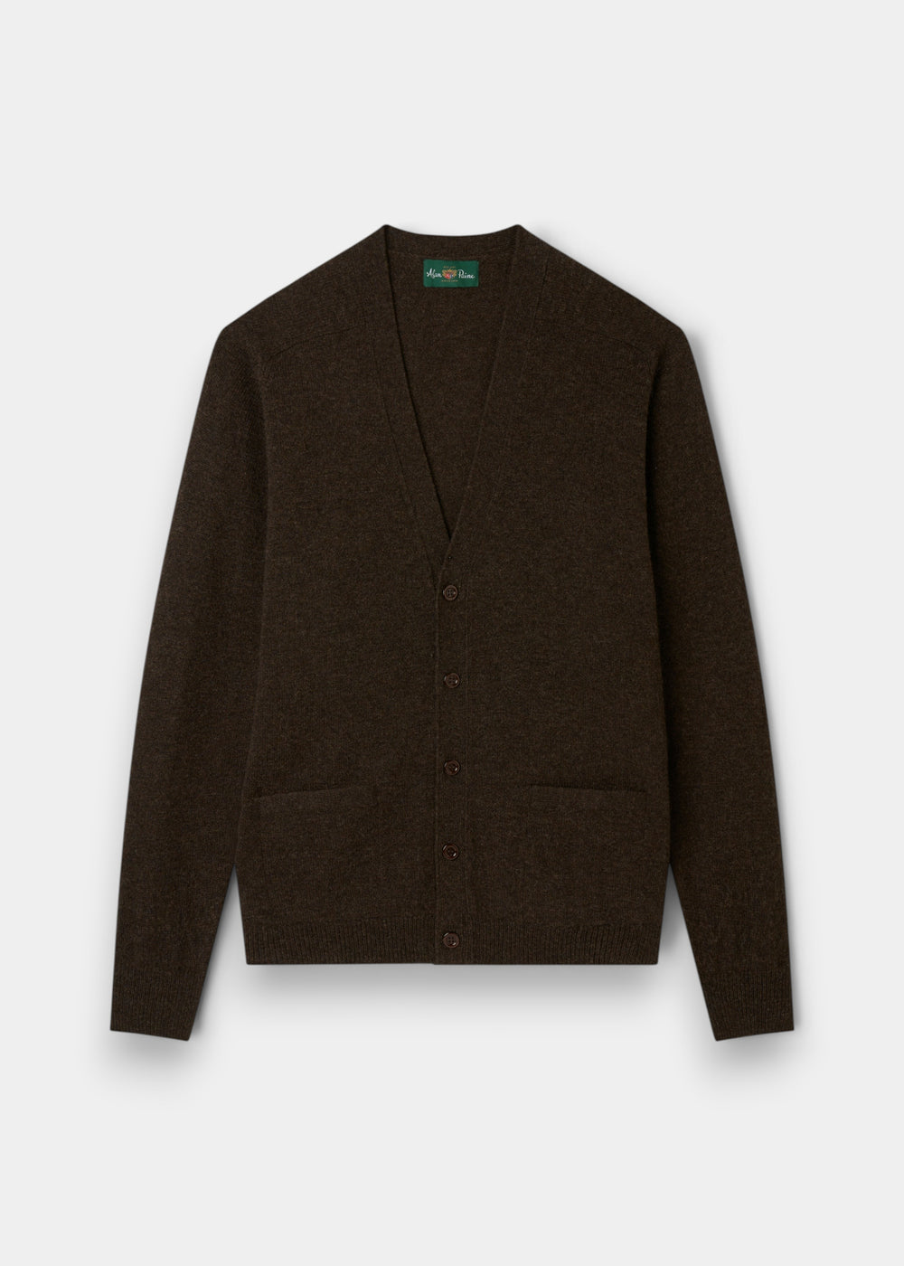 Cornwall Lambswool V-Neck Cardigan in cocoa, classic fit; long sleeves, buttons, 2 pockets, shown flat on light background.