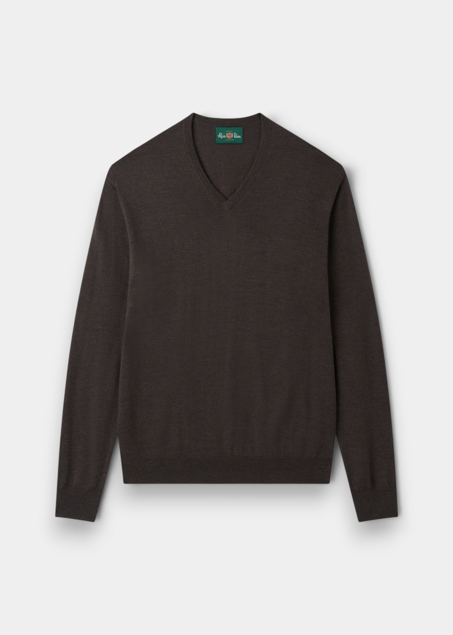 Alan Paine Millbreck dark brown v-neck jumper in 100% fine Italian merino wool with ribbed hem and cuffs.