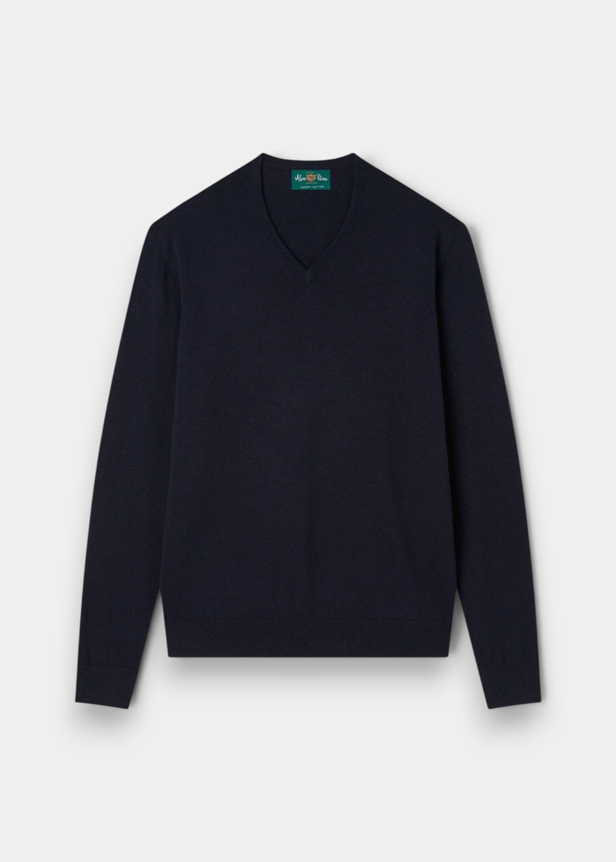 Alan Paine dark navy v-neck jumper in a soft pima cotton and cashmere blend with ribbed hem and cuffs.
