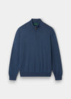 Ashfield Cotton Merino Quarter Zip Jumper in Denim, Regular Fit, shown laid flat on a white background.