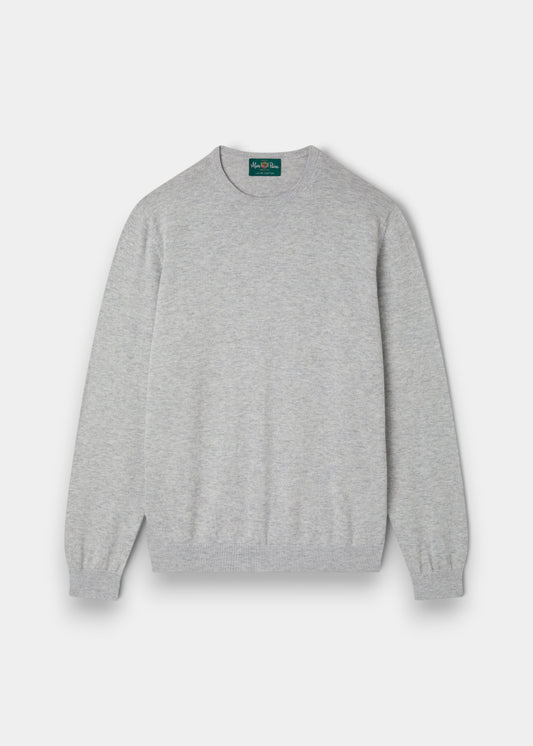 Alan Paine Leysmill dove grey crew neck jumper in a soft Pima cotton and cashmere blend with ribbed cuffs and hem.