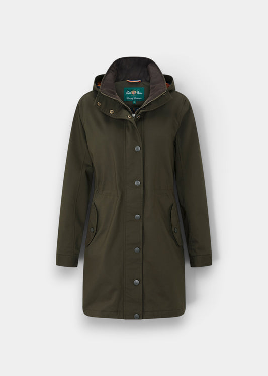 Dunswell Ladies Jacket in Olive with hood, buttons, and pockets displayed on a plain white background.