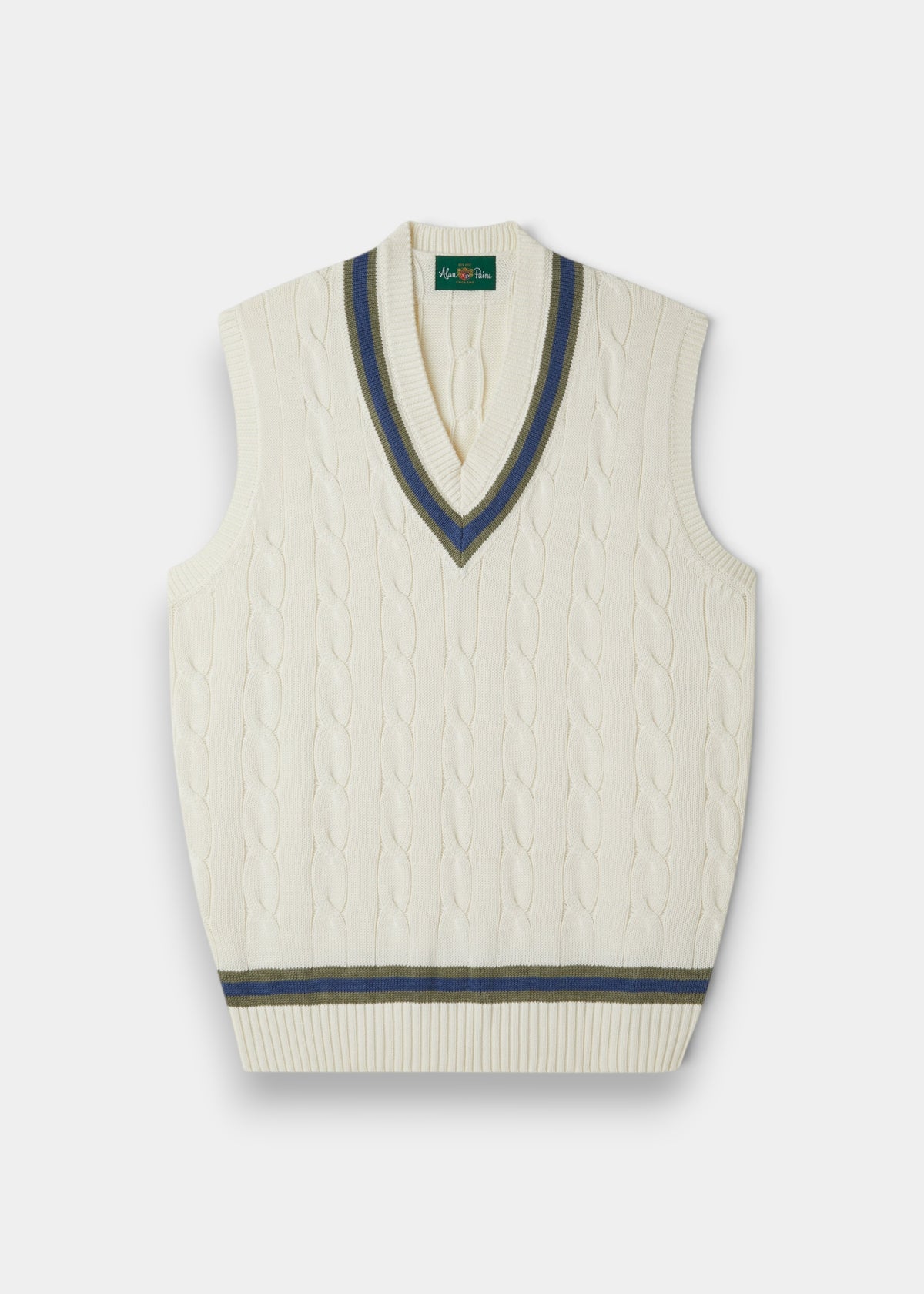 Chadbury Cotton Cable Knit V-Neck Cricket Slipover in Ecru/Landscape, regular fit, flat on white background.