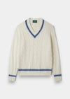 Alan Paine Sandridge ecru cotton cable knit cricket jumper with indigo and light blue V-neck and hem stripes