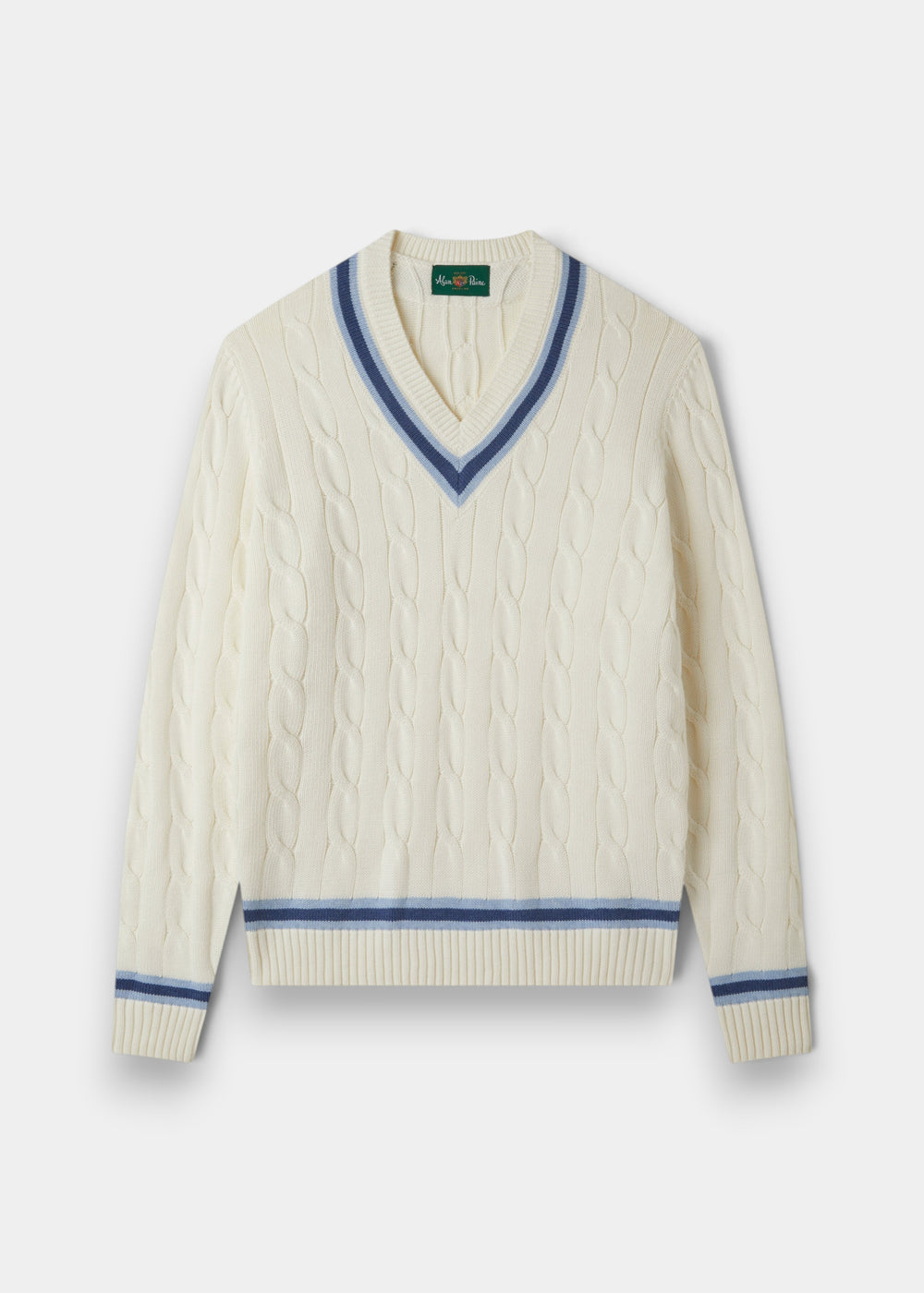 Alan Paine Sandridge ecru cotton cable knit cricket jumper with indigo and light blue V-neck and hem stripes
