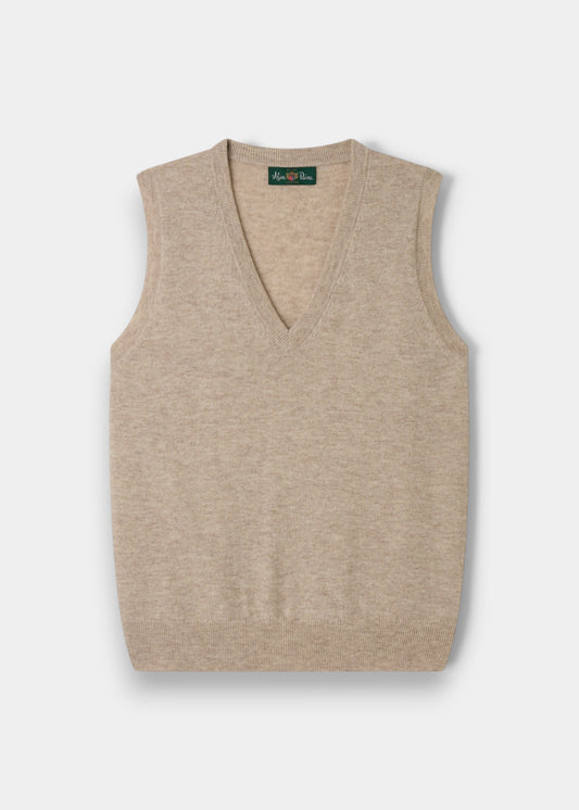 Erin Wool & Cashmere V-Neck Slipover in Porridge, regular fit—sleeveless knit vest, laid flat on white background.