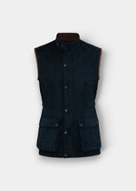 Felwell Men’s Waistcoat in dark navy with snap buttons, two large pockets, and a high collar on plain background.