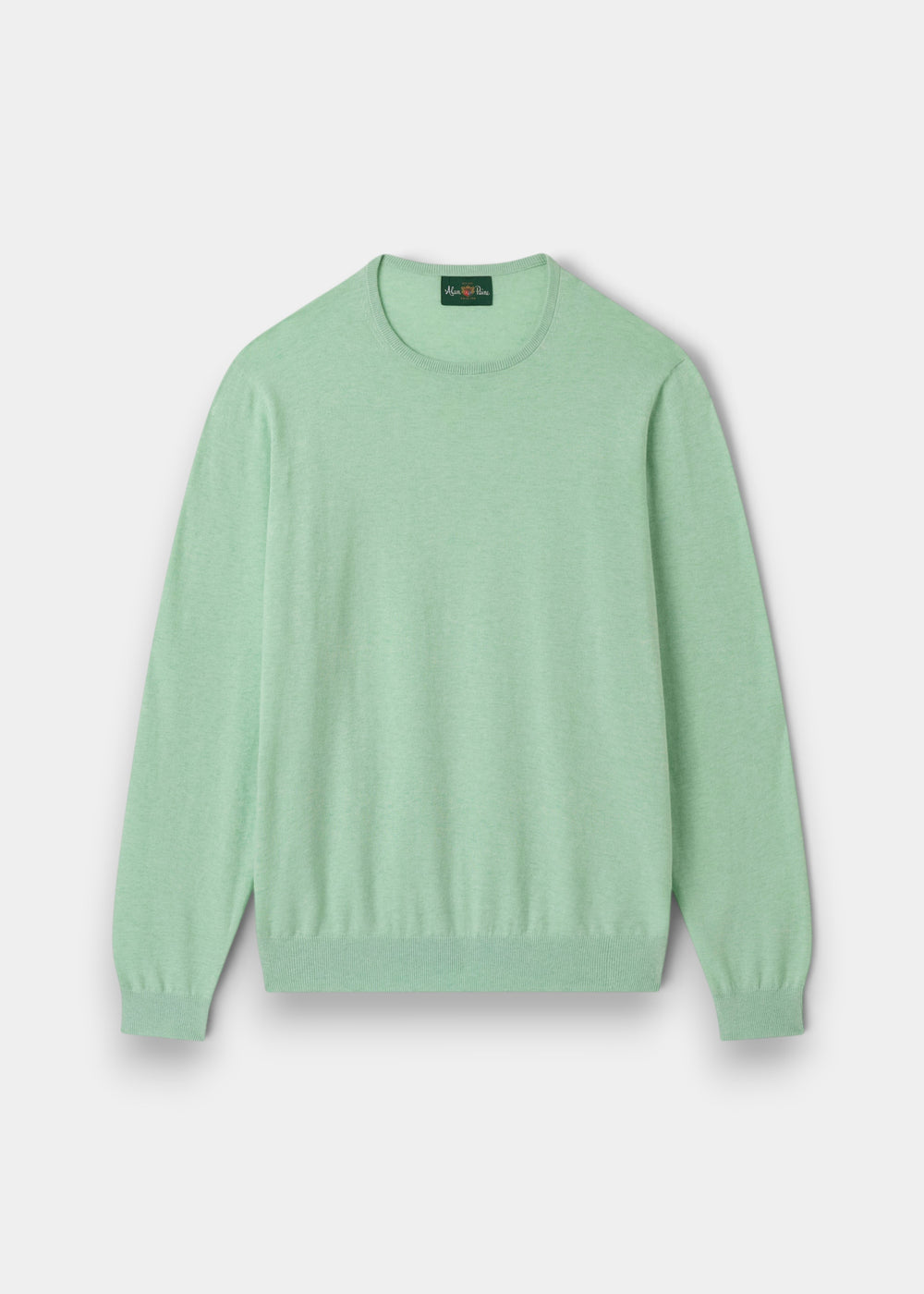 Alan Paine men's luxury grass green crew neck jumper made from a soft pima cotton, silk, and cashmere blend.