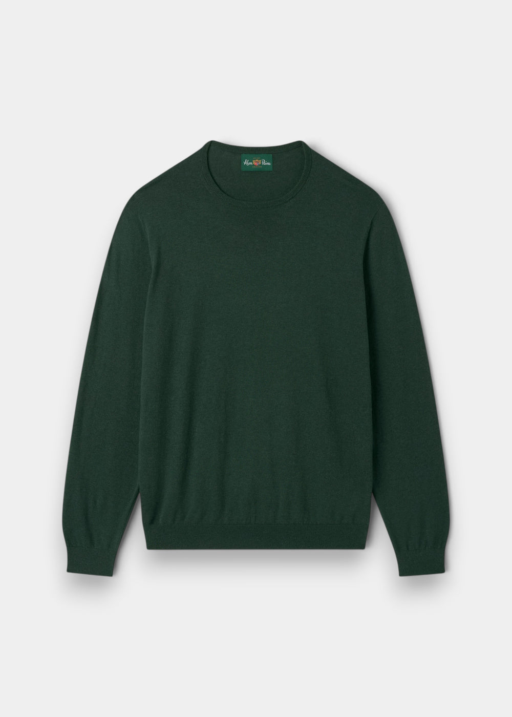 Alan Paine men's green crew neck jumper in a soft pima cotton, silk, and cashmere blend with ribbed cuffs and hem.